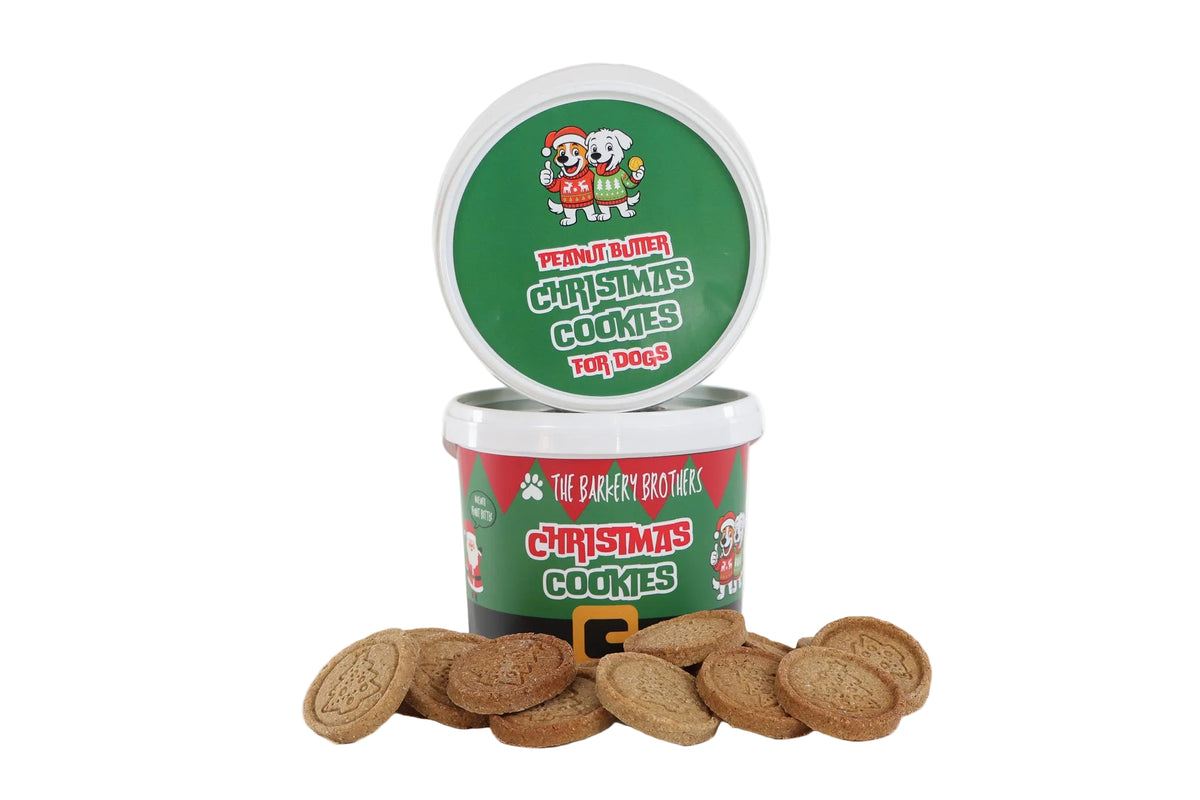A tub of Peanut Butter Christmas Cookies for Dogs by The Barkery Brothers, with several cookies scattered in front on a white background.